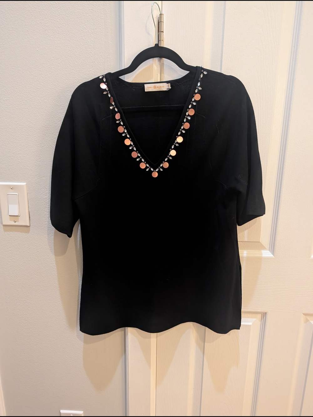 Tory Burch Black V-Neck Short Sleeve Top with Metallic Disc Trim